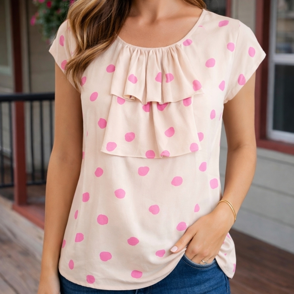 Kate Spade Polka Dot Ruffle Blouse Pink Cream Silk Side Zip Lined